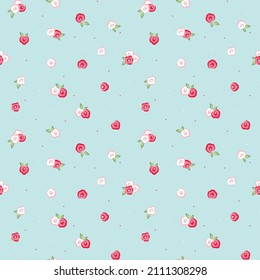 Vintage floral pattern print for paper or fabric. Red and white shabby chic flowers on blue background seamless pattern.