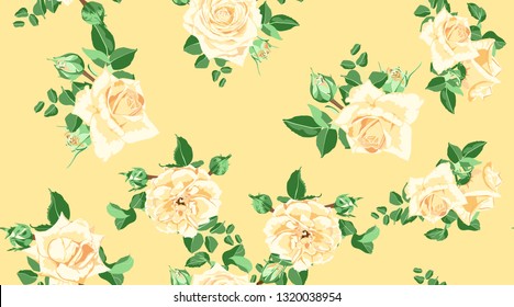 Vintage Floral Pattern, Rose Flowers for Wedding Design. Hand Drawn Watercolor Bouquet, Vector Floral Print in Yellow Pastel Color for Invite, Card. Spring Peony with Leaf. Rustic Floral Illustration.