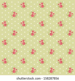 Vintage floral pattern with roses and dots in shabby chic style