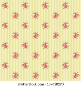 Vintage floral pattern with roses in shabby chic style on striped background