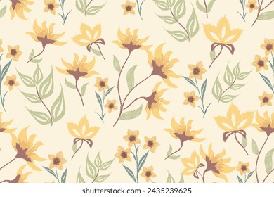 Floral Ikat patrón de fondo sin fisuras marco de borde. Ilustración vectorial dibujado a mano ditsy flor amarilla con ramas hojas. 