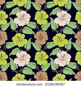 Marco de borde de fondo sin fisuras de patrón floral de Antiguas. Ilustración vectorial dibujada a mano flor amarilla con hojas de ramas.