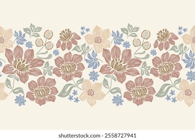 Vintage floral pattern seamless border background vector illustration batik embroidery texture style Lotus flower motifs.