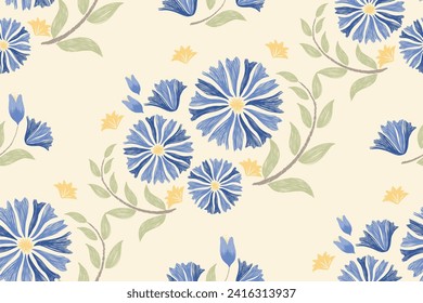 Vintage Floral pattern seamless embroidery on white background. Silhouette Blue flower motif border style abstract vector illustration vintage design for textiles.