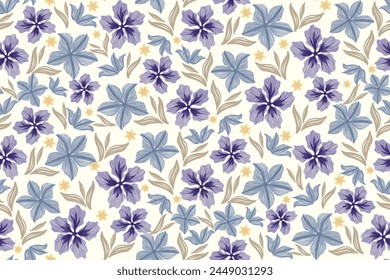 Vintage Floral pattern seamless embroidery ditsy background border. Blue Flower motif with leaves Vintage minimal style vector illustration. Hand drawn