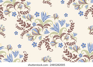 Patrón floral de Antiguas sin costuras. Ilustración vectorial de diseño de textura Ikat bordado de flores étnicas. Borde de fondo de Fondo de pantalla de Plantilla de impresión Batik.