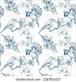 Vintage floral pattern. Seamless flower and bird pattern on white background. Design for background,wallpaper,clothing,wrapping,fabric,Vector illustration.embroidery style.