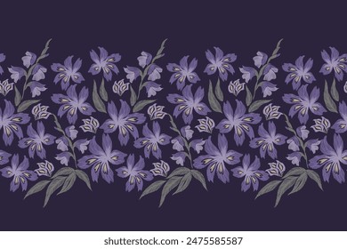 Klassisches Blumenmuster nahtlose Gladiolen Indigo dunkelblaue violette Blumenmotive Stickerei Textur. Ethnic Europe Stil Vektorillustration Design für Print-Vorlage-Mode. 