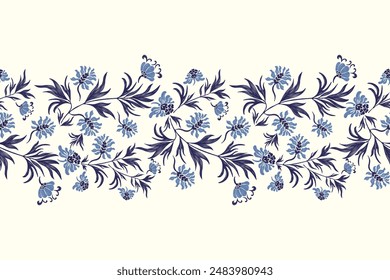 Vintage Floral Pattern Seamless. Indigo blue flowers Ikat textured design paisley embroidery with floral motifs. Ethnic pattern Indian flower hand drawn vector illustration. 