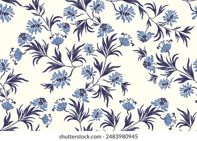 Vintage Floral Pattern Seamless. Indigo blue flowers Ikat textured design paisley embroidery with floral motifs. Ethnic pattern Indian flower hand drawn vector illustration. 