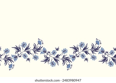 Patrón floral de Antiguas sin costuras. Flores azul índigo Ikat bordado paisley de diseño texturizado con motivos florales. Patrón étnico flor india dibujada a mano Ilustración vectorial. 