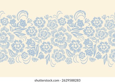 Vintage Floral Pattern Seamless. Indigo blue flowers Ikat textured design paisley embroidery with floral motifs. Ethnic pattern Indian flower hand drawn vector illustration. 