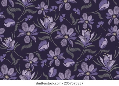 Vintage floral pattern seamless magnolia blue purple flower motifs embroidery. Ethnic oriental pattern style abstract pattern vector illustration. Design for print Template fashion. 