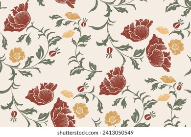 Vintage Floral pattern seamless paisley tapestry embroidery texture red flower motif background border ethnic Baroque style abstract vector illustration vintage design for print template.