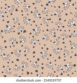Vintage floral pattern. Seamless pattern with small white flowers on a branch, varied foliage on a brown background. Botanical print with autumn mood. Vector print