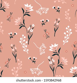 Vintage floral pattern. Seamless vector print with lilies and wildflowers. Beautiful botanical composition on pink background. Template for textile design, cards, wallpapers, gift wrappings.