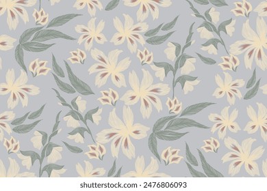 Vintage floral pattern seamless. White gladiolus flower embroidery Ikat texture design vector illustration. 