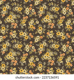 Vintage floral pattern in small abstract flowers. Small yellow flowers. Brown background. Ditsy print. Floral seamless background. The elegant the template for fashion prints. Stock pattern.