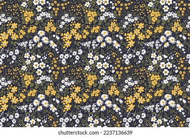 Vintage floral pattern in small abstract flowers. Small yellow and  white flowers. Dark blue background. Ditsy print. Floral seamless background. Elegant template for fashion prints. Stock.