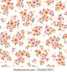 Padrão floral vintage em pequenas flores abstratas. Pequenas flores cor-de-rosa e laranja. Fundo branco. Impressão de Ditsy. Fundo floral sem emenda. Modelo elegante para impressões de moda. Padrão de estoque.