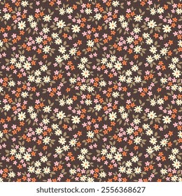 Vintage floral pattern in small abstract flowers. Small white and orange flowers. Pale brown background. Ditsy print. Floral seamless background. Elegant template for fashion prints. Stock pattern.