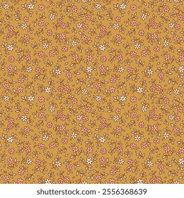 Vintage floral pattern in small abstract flowers. Small white and pink flowers. Mustard gold background. Ditsy print. Floral seamless background. Elegant template for fashion prints. Stock pattern.