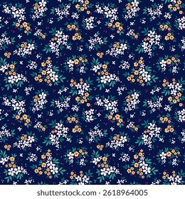 Vintage floral pattern in small abstract flowers. Small white and yellow flowers. Dark blue background. Ditsy print. Floral seamless background. Cute template for fashion prints. Fashion print
