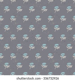 Vintage floral pattern with small blue tea roses on luxurious grey background. Grunge retro print with flowers and leaves for fall winter fashion. Seamless hand drawn graphic for soap package design