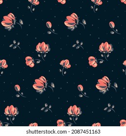 Vintage floral pattern with small falling flowers and leaves on a dark background. Abstract composition from simple artistic plants. Seamless pattern with pink with blue flowers, dark leaves. Vector.