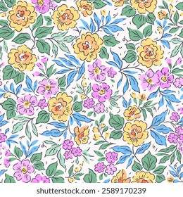 Vintage floral pattern in small flowers. Small yellow and lilac flowers. White background. Liberty print. Floral seamless background. Elegant template for fashion prints. Stock pattern.