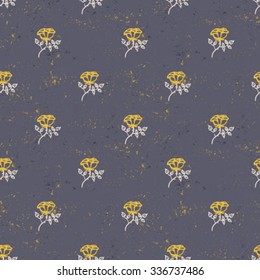 Vintage floral pattern with small gold roses on grey background. Grunge retro print with flowers and leaves for fall winter fashion. Seamless hand drawn background for soap package graphic design