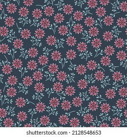 Patrón floral vintage con flores rosadas pequeñas sobre fondo negro. Patrón sin inconvenientes para el diseño y las impresiones de moda. Estilo marrón.