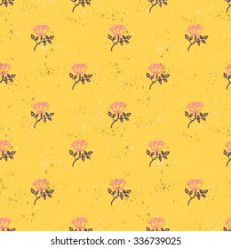 Vintage floral pattern with small pink roses on mustard background. Grunge retro print with flowers and leaves for summer spring fashion. Seamless hand drawn background for soap package graphic design