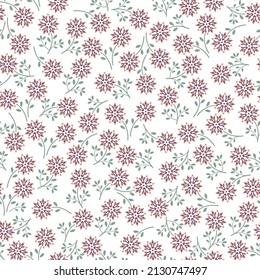 Vintage floral pattern with small red autumn flowers on white background. Seamless pattern for design and fashion prints. Ditsy style.
