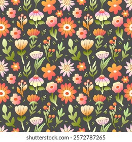 Vintage floral pattern with spring flowers on a dark background. Vector illustration