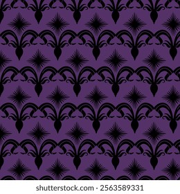 A vintage floral pattern with a symmetrical arrangement of stylized flowers in shades of purple and black. This retro-inspired design is perfect for textiles, wallpapers, and graphic design projects, 