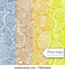 Vintage floral pattern. White linear floral shapes against yellow, orange and grey background.