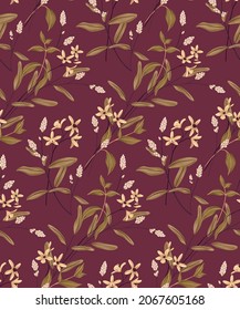 Vintage floral pattern with wildflowers and herbs. Seamless pattern with autumn meadow. Composition of small flowers on thin stems, different leaves. Vector.