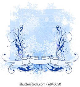 Vintage floral patterns, ribbon, snowflakes & winter blue background