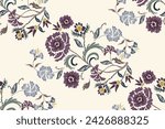Vintage Floral patterns seamless background border embroidery ethnic batik retro. Flower motifs paisley batik. Blue purple watercolour flowers ikat design hand drawn. Vector illustration. 