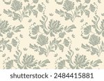 Vintage Floral patterns seamless background border embroidery ethnic batik retro. Flower motifs paisley batik. Green silhouette  watercolour flowers ikat design hand drawn. Vector illustration. 