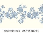 Vintage Floral patterns seamless background border embroidery ethnic batik retro. Flower motifs paisley batik. Blue silhouette  watercolour flowers ikat design hand drawn. Vector illustration