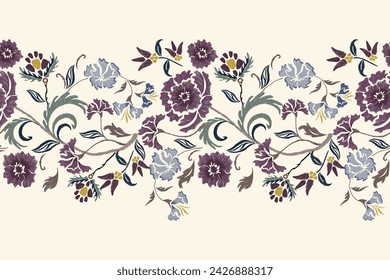 Vintage Floral patterns seamless background border embroidery ethnic batik retro. Flower motifs paisley batik. Blue purple watercolour flowers ikat design hand drawn. Vector illustration. 