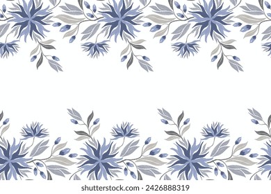 Vintage Floral patterns seamless background border embroidery ethnic batik retro. Flower motifs paisley batik. Blue watercolour flowers ikat design hand drawn. Vector illustration. 