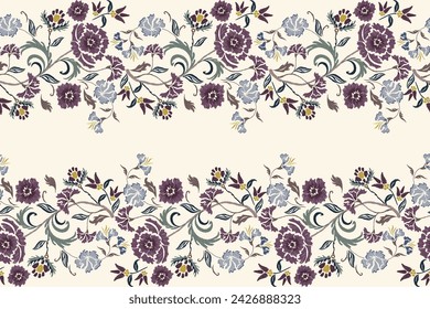 Vintage Floral patterns seamless background border embroidery ethnic batik retro. Flower motifs paisley batik. Blue purple watercolour flowers ikat design hand drawn. Vector illustration. 