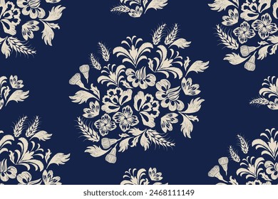 Vintage Floral patterns seamless background border embroidery ethnic batik retro. Flower motifs paisley batik. Blue indigo white flowers ikat design hand drawn. Vector illustration. 