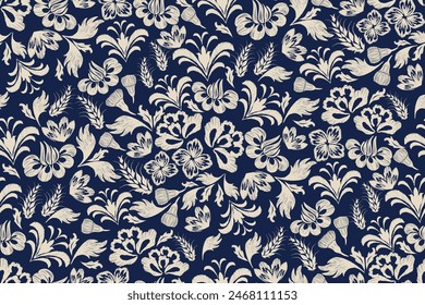 Antiguas Patrones florales sin fisuras bordado de fondo batik étnico retro. Motivos florales paisley batik. Flores azul índigo blanco ikat diseño dibujado a mano. Ilustración vectorial. 