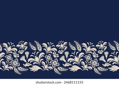 Vintage Floral patterns seamless background border embroidery ethnic batik retro. Flower motifs paisley batik. Blue indigo white flowers ikat design hand drawn. Vector illustration. 
