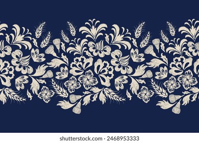 Antiguas Patrones florales sin fisuras bordado de fondo batik étnico retro. Motivos florales paisley batik. Flores azul índigo blanco ikat diseño dibujado a mano. Ilustración vectorial. 