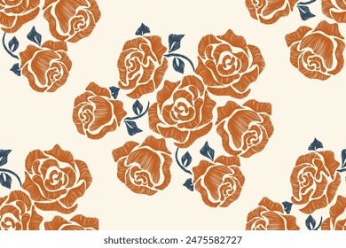 Antiguas Patrones florales sin fisuras bordado de fondo batik étnico retro. Motivos florales rosa paisley batik. Naranja boho acuarela flores ikat diseño dibujado a mano. Ilustración vectorial. 